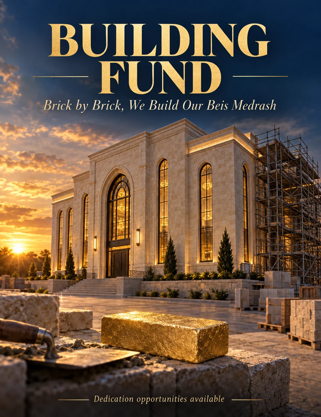 Building Fund campaign mockup: Brick by Brick, We Build Our Beis Medrash