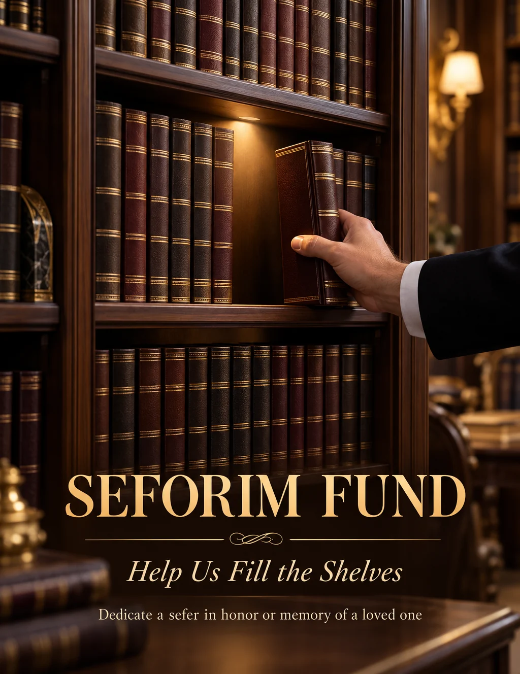 Seforim Fund campaign mockup: Help Us Fill the Shelves